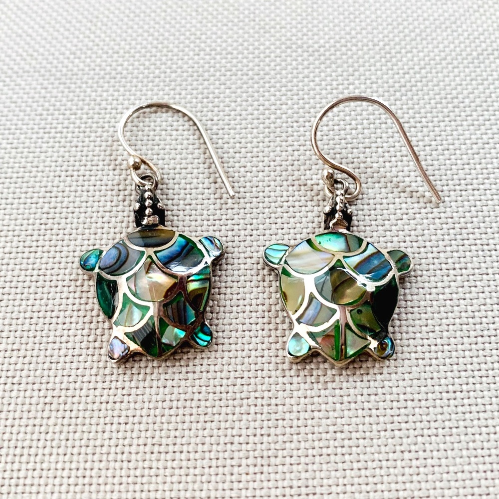 Sterling Silver Abalone Turtle Dangle Earrings Paua Inlay